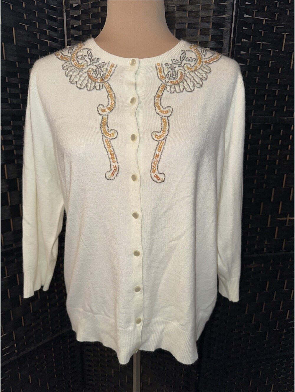 APOSTROPHE XL 16-18 Embellished Beaded Angora Blend Cream Cardigan Sweater